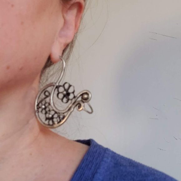 Large MIAO Silver BIRD EARRINGS Hmong Hoop Tribal Rustic Boho Gypsy Handmade - Picture 9 of 9